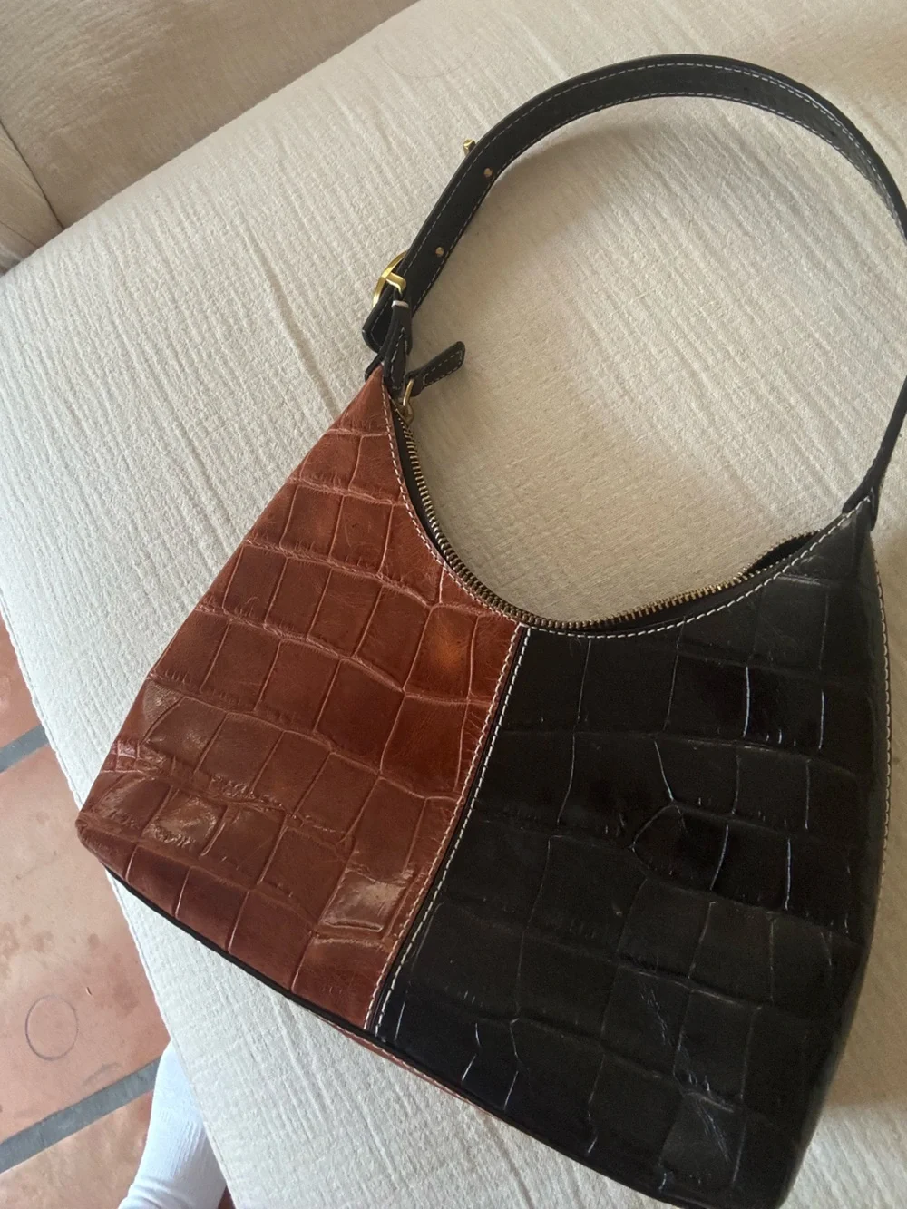 STAUD Black and Brown Croc embossed Scotty Bag